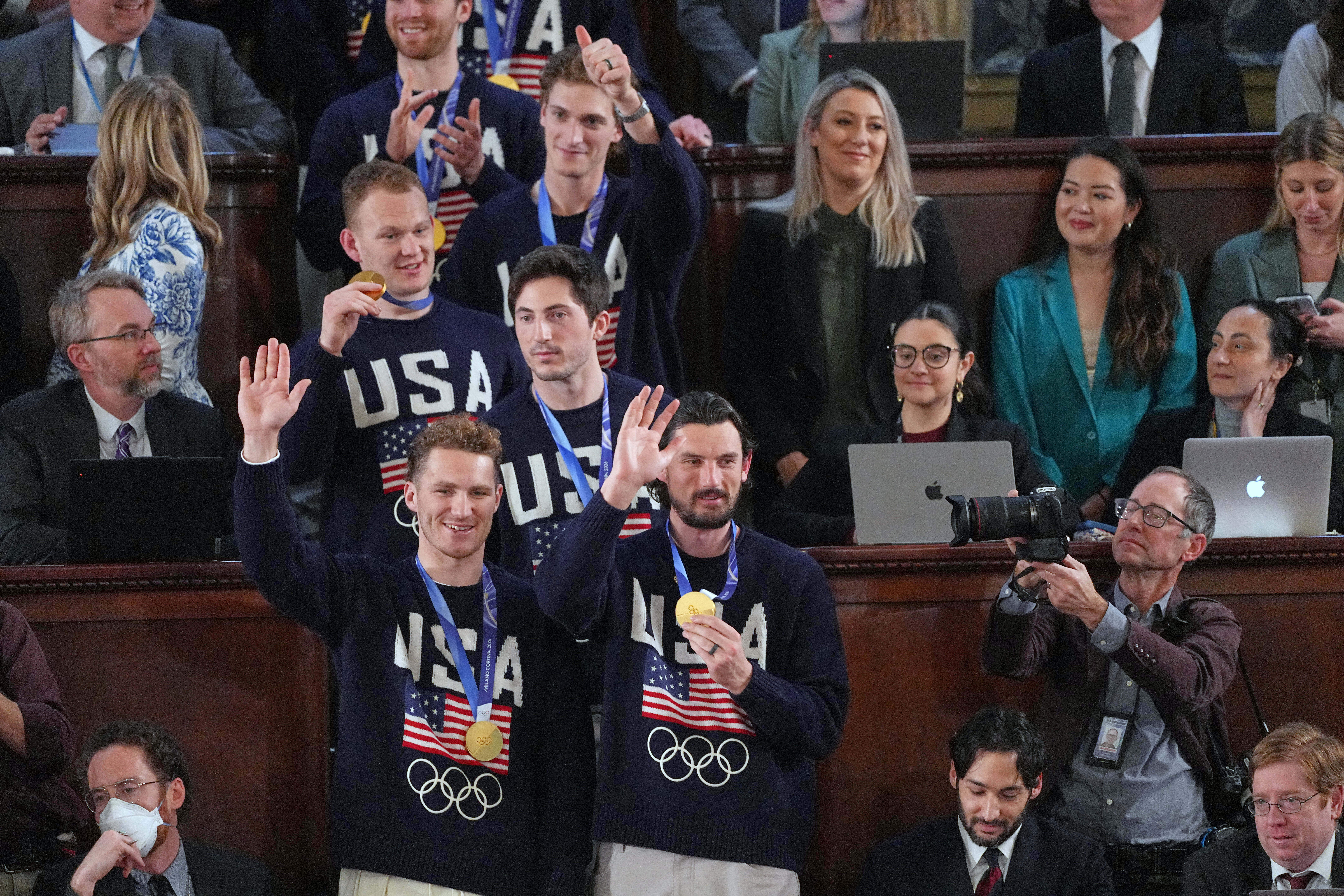 Members of the United States' Olympic hockey team attend as President Donald Trump delivers the State of the Union address to a joint session of Congress in the House chamber at the U.S. Capitol in Washington, Tuesday, Feb. 24, 2026. (AP Photo/Matt Rourke)