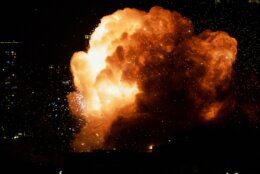 An explosion is seen as an Iranian missile directly hits a building in Tel Aviv, Israel, Saturday, Feb. 28, 2026. (AP Photo/Tomer Neuberg)