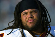 Washington Lineman Tre Johnson during a game against the Jacksonville Jaguars on Nov. 10, 2002, at Alltel Stadium in Jacksonville, Florida. Johnson, a former standout offensive lineman who went on to become a Maryland high school history teacher, died Sunday. He was 54. (Photo by Jamie Squire/Getty Images)
