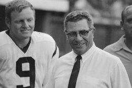 (Original Caption) Sonny Jurgensen and Washington Coach Vince Lombardi on sidelines during Washington Redskin-Atlanta Falcons.