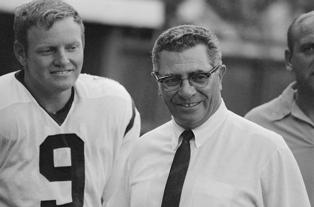 (Original Caption) Sonny Jurgensen and Washington Coach Vince Lombardi on sidelines during Washington Redskin-Atlanta Falcons.