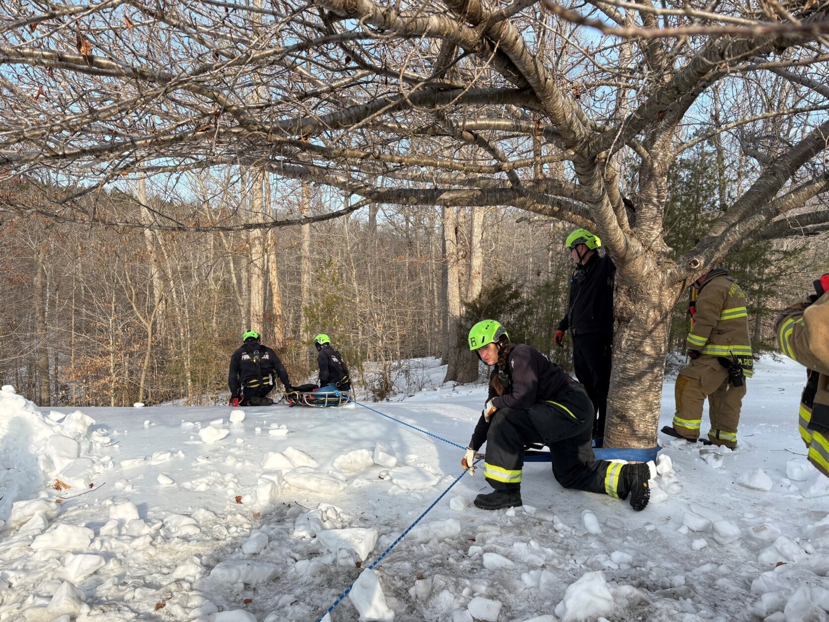 Prince William County's Fire and Rescue crew using ropes for a weather-related call for assistance.