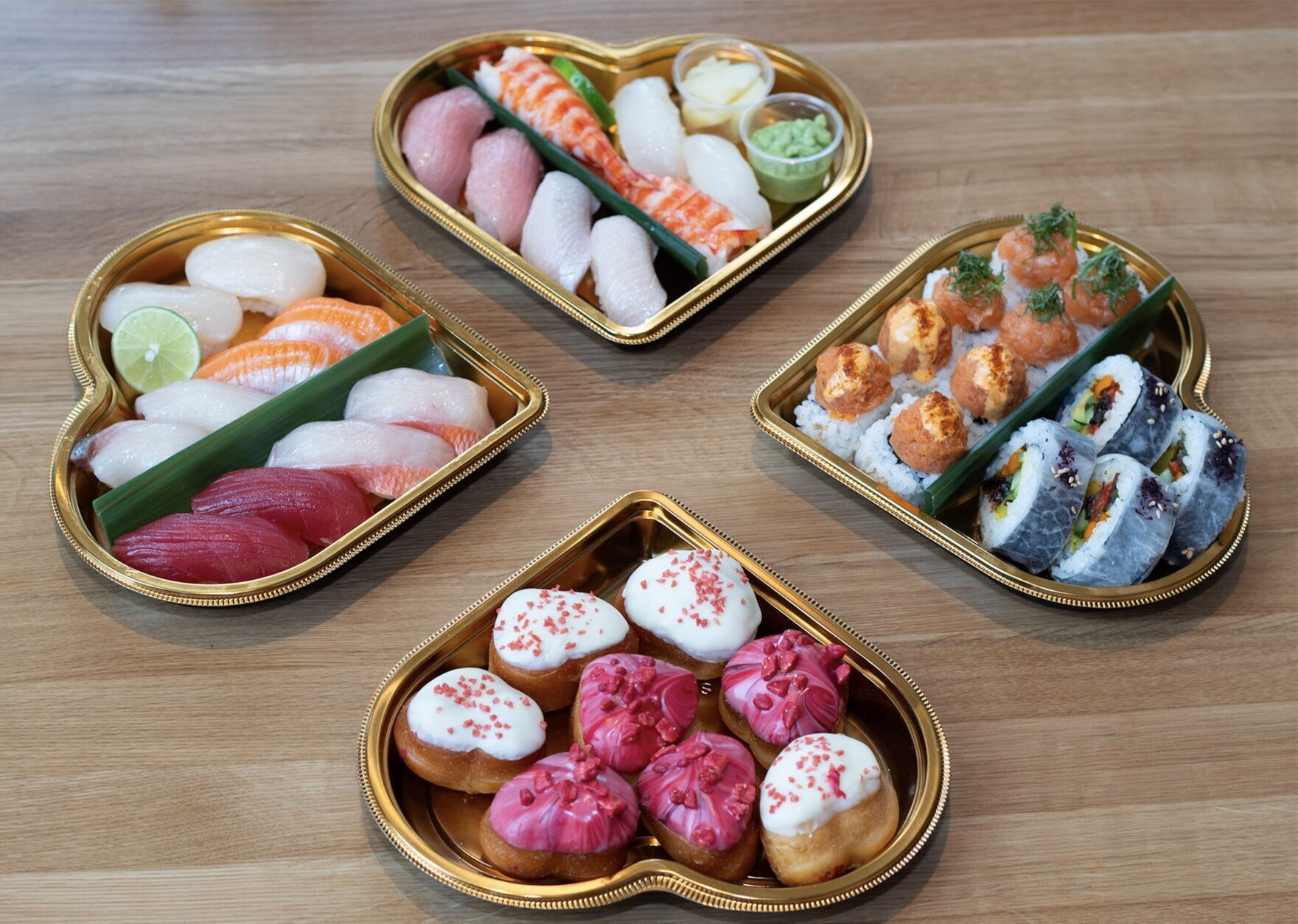sushi in heart-shaped boxes