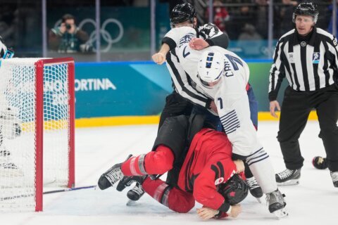 Tom Wilson fights in Canada’s game vs. France at the Olympics