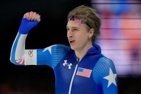 US speedskater Jordan Stolz closes in on 1,000 meters gold medal in an Olympic-record time