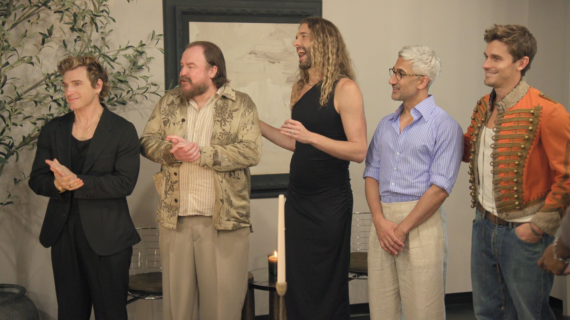 Queer Eye. (L to R) Jeremiah Brent, Mike Devereaux, Jonathan Van Ness, Tan France, Antoni Porowski in episode 1004 of Queer Eye. Cr. Courtesy of Netflix © 2026