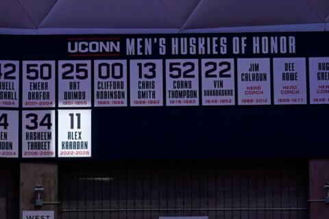 Karaban helps No. 6 UConn edge Seton Hall 71-67 after being added to Huskies of Honor