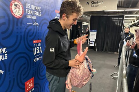 A pink backpack and an odd phone case are US Speedskating’s fantasy football punishments