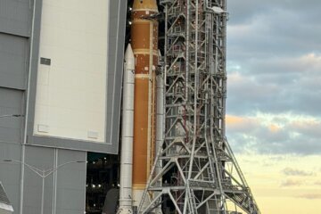 Artemis II stack coming out of the vehicle assembly nuilding.