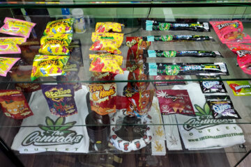  Products in a display counter at the Cannabis Outlet in Portsmouth advertise high THC concentrations.