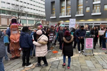 A group gathered to protest a proposed Immigration and Customs Enforcement facility in Hyattsville, Maryland, on Feb. 19, 2026.