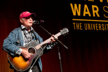 Singer-songwriter Country Joe McDonald performs at the Vietnam War Summit at the LBJ Presidential Library, in Austin, Texas, Thursday, April 28, 2016. (AP Photo/Nick Ut, File)