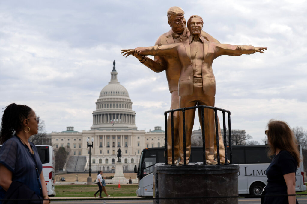 ‘Ugly *** statue’: Tourists react to new Trump-Epstein ‘Titanic’ style statue on the National Mall
