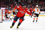 Washington Capitals left wing Alex Ovechkin (8) celebrates his goal during the first period of an NHL hockey game against the Philadelphia Flyers, Tuesday, March 31, 2026, in Washington. (AP Photo/Nick Wass)