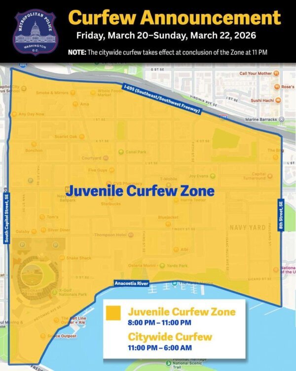 A map of the juvenile curfew zone in D.C.’s Navy Yard for Friday March 20 through Sunday March 22. 
