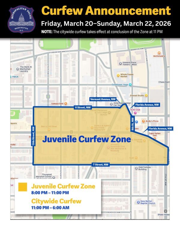 A map of a youth curfew zone that covers the U Street Corridor. 