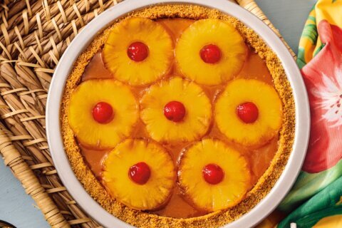 It’s a little taste of Hawaii in a pie. Coconut custard meets pineapple upside-down topping