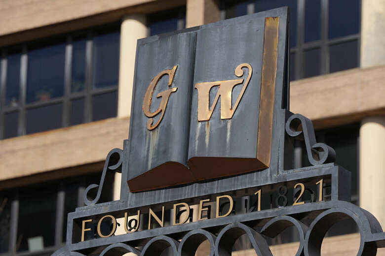 WASHINGTON, DC - JANUARY 24:  A detailed view of a George Washington University sign before a college basketball game against the George Washington Revolutionaries and the Richmond Spiders at the Smith Center on January 24, 2026 in Washington, DC.  (Photo by Mitchell Layton/Getty Images)