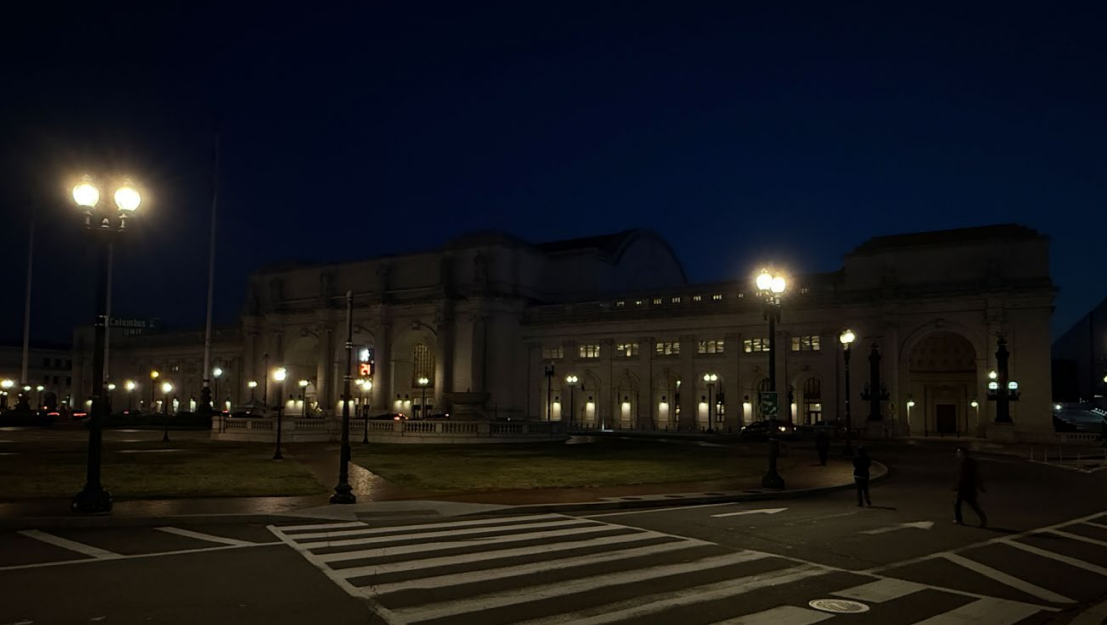 The image depicts what Union Station currently looks like at night.