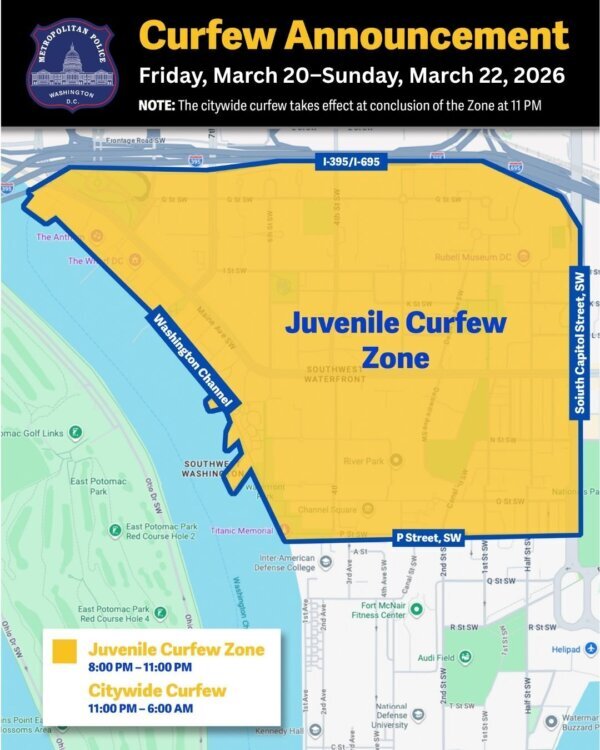 a map of a curfew zone with the zone in yello
