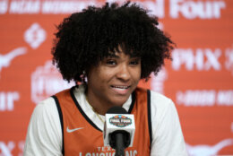 Texas guard Rori Harmon answers a question during a news conference prior to the national semifinals Women's Final Four of the NCAA college basketball tournament, Thursday, April 2, 2026, in Phoenix. (AP Photo/Ross D. Franklin)