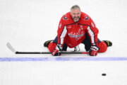 Washington Capitals left wing Alex Ovechkin warms up before an NHL hockey game against the Pittsburgh Penguins, Sunday, April 12, 2026, in Washington. (AP Photo/Nick Wass)