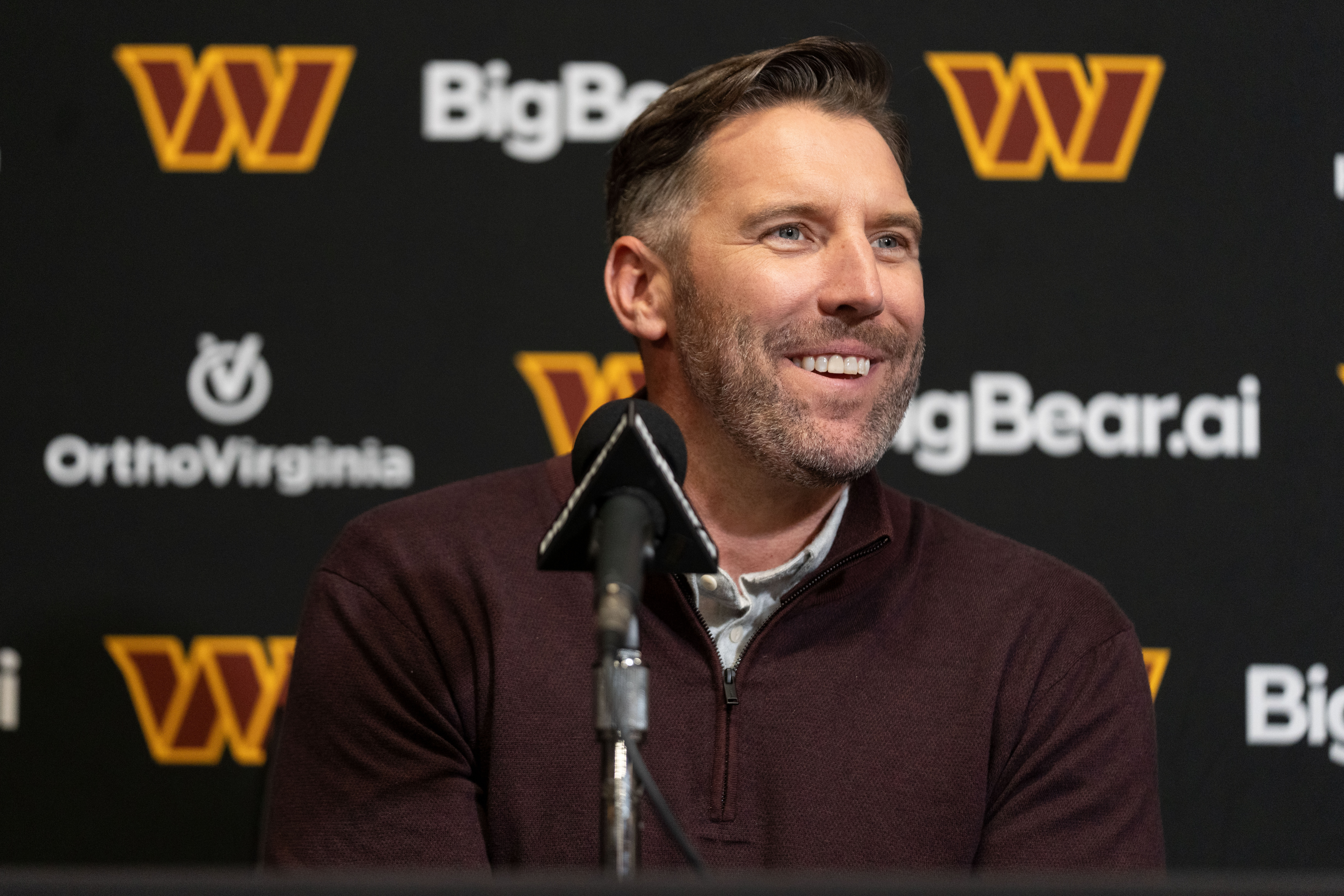 Washington Commanders general manager Adam Peters speaks during a news conference at the team's NFL practice facility Friday, April 24, 2026, in Ashburn, Va. (AP Photo/Mark Schiefelbein)