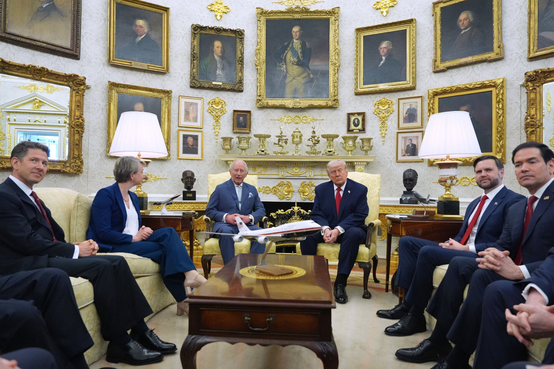 President Donald Trump and Britain's King Charles III meet in the Oval Office of the White House,