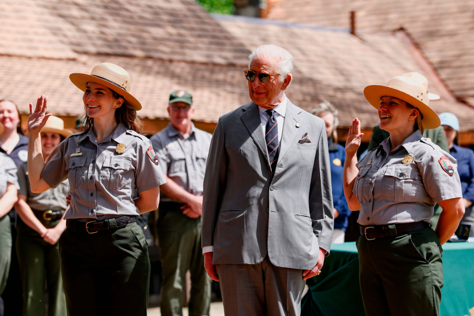 Britain's King Charles III watches as junior rangers are sworn in during a visit to the Shenandoah National Park