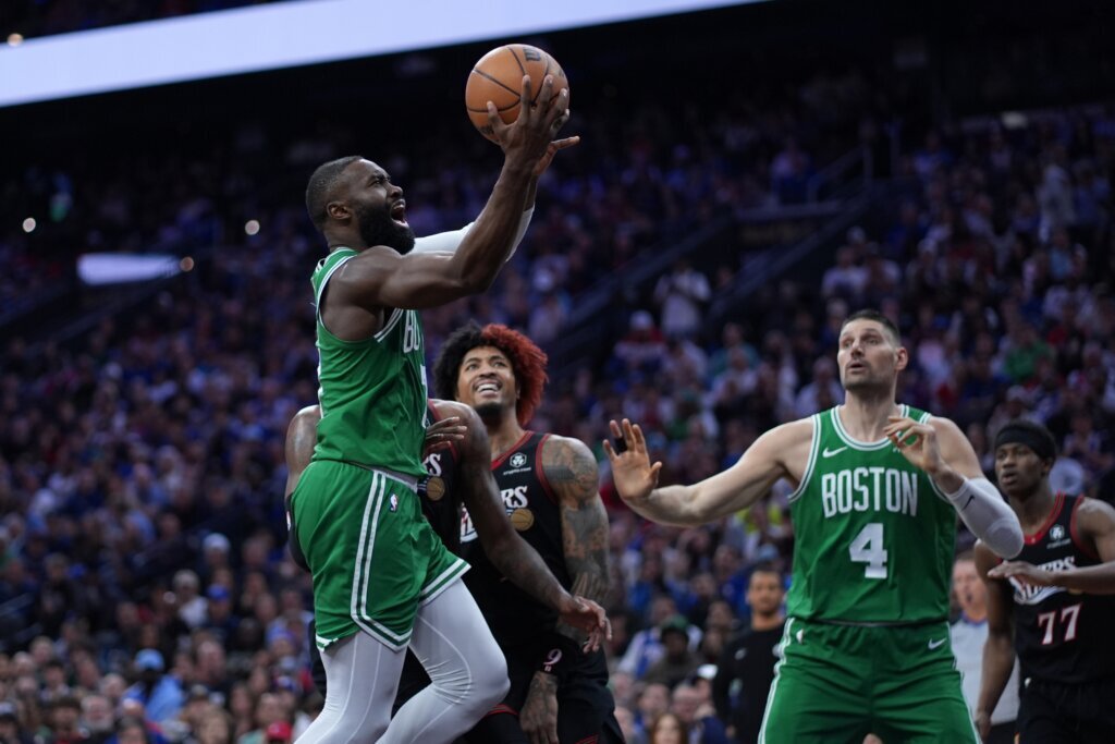 Celtics beat the 76ers 108-100 in Game 3 behind 25 points each from Tatum and Brown