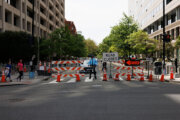 A street is seen blocked during the 2025 Spring Meetings of the World Bank Group