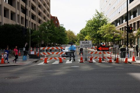 A street is seen blocked during the 2025 Spring Meetings of the World Bank Group