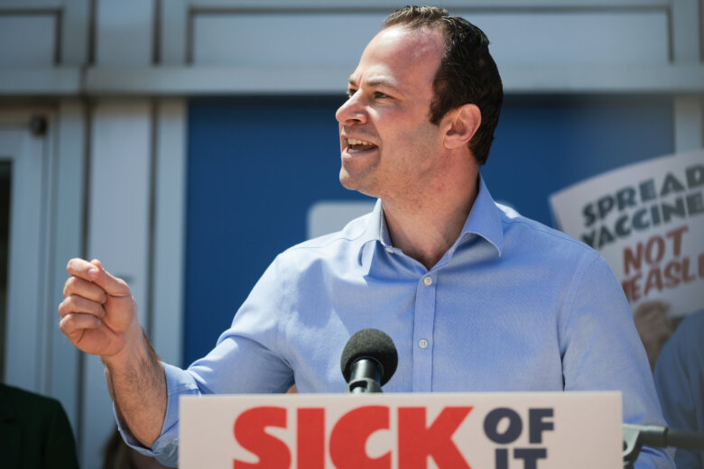 BETHESDA, MARYLAND - MAY 10:  Montgomery County Council Member Andrew Friedson speaks during Sen. Angela Alsobrooks (D-MD) "Sick Of It" rally against the Trump administration's health care policies in front of the National Institutes of Health (NIH) on May 10, 2025 in Bethesda, Maryland. Alsobrooks addressed U.S. Secretary of Health and Human Services Robert F. Kennedy, Jr.'s "Make America Healthy Again" movement. (Photo by Kayla Bartkowski/Getty Images)