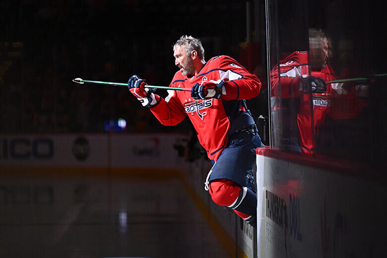 Alex Ovechkin of the Washington Capitals takes the ice for pregame warm-ups before a game against the Pittsburgh Penguins on April 12, 2026, at D.C.'s Capital One Arena. (Photo by Jamie Sabau/Getty Images)