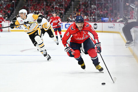 Alex Ovechkin chases down a loose puck
