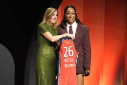 NEW YORK, NEW YORK - APRIL 13: Cotie McMahon (R) of Ole Miss poses with WNBA Commissioner Cathy Engelbert (L) after being selected with the 11th pick in the first round by the Washington Mystics during the 2026 WNBA Draft at The Shed on April 13, 2026 in New York City. NOTE TO USER: User expressly acknowledges and agrees that, by downloading and or using this photograph, User is consenting to the terms and conditions of the Getty Images License Agreement. (Photo by Angelina Katsanis/Getty Images)