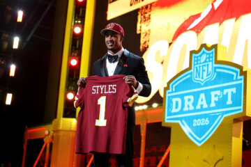 PITTSBURGH, PENNSYLVANIA - APRIL 23: Sonny Styles of Ohio State celebrates after being selected seventh overall pick by the Washington Commanders during Round One of the 2026 NFL Draft at Acrisure Stadium on April 23, 2026 in Pittsburgh, Pennsylvania.  (Photo by Emilee Chinn/Getty Images)