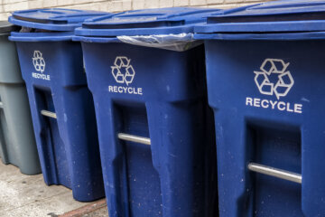 File photo of blue garbage bins with the white recycle logo on a sidewalk. 