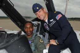 J.J. Green pictured with Maj. Anthony Mulhare before their flight with the Thunderbirds