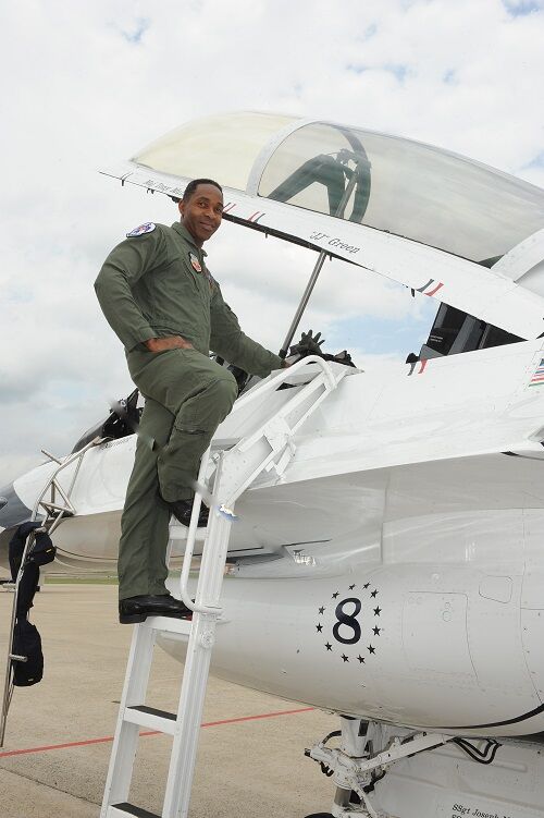 J.J. Green prepares for flight with the Thunderbirds