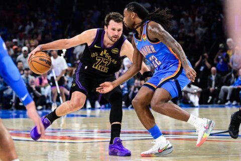 Lakers’ Luka Doncic hurts left hamstring in a blowout loss to Thunder with MRI set for Friday
