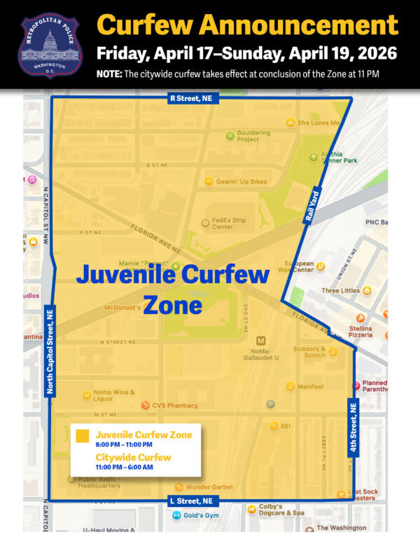 A photo illustration of a juvenile curfew zone in NoMa for Friday April 17 through Sunday March 19.