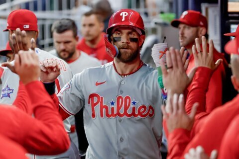 Bryce Harper leads Phillies past Braves 8-5 in 10 innings to stop 10-game losing streak
