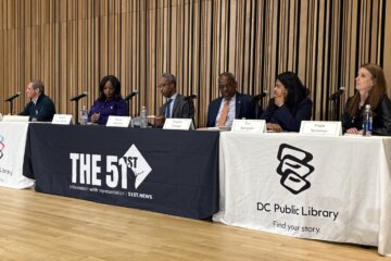 A panel of D.C. mayoral candidates participating in a forum hosted by The 51st and the D.C. Public Library on Monday.