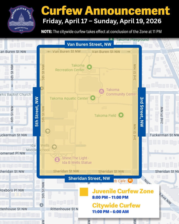 A photo illustration of a juvenile curfew zone in Takoma for Friday April 17 through Sunday March 19.