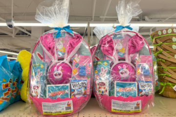 2 pink baskets full of candy