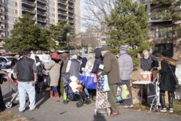 People lined up for assistance