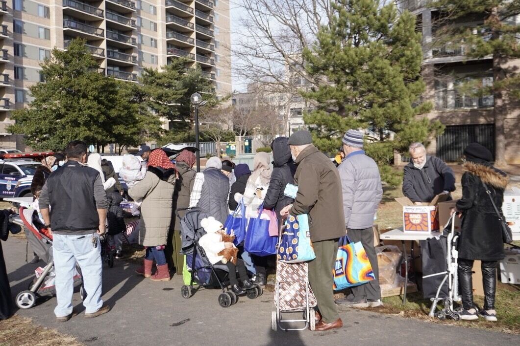 People lined up for assistance
