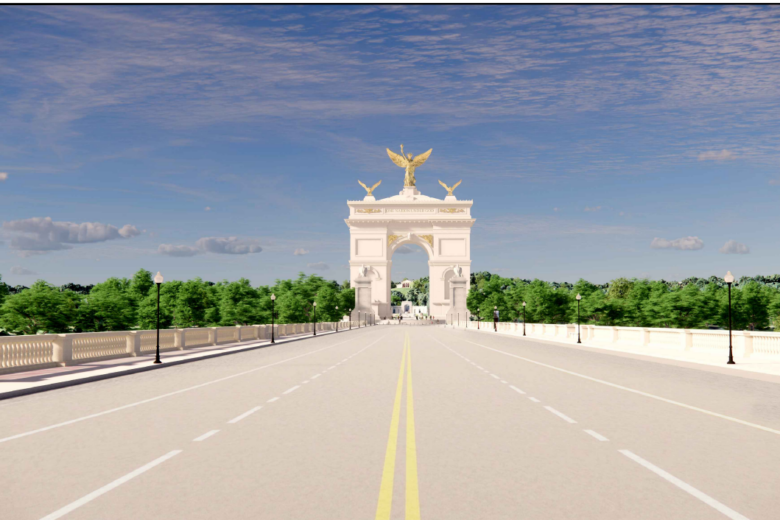 President Donald Trump’s plans for a new triumphal arch in the capital were unveiled on April 10, 2026. The image is an artists' rendering of the arch as viewed from the Lincoln Memorial side of Memorial Bridge.