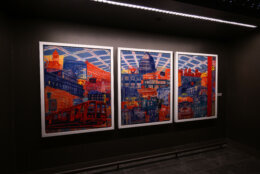 Three panels of artwork depict Washington.
